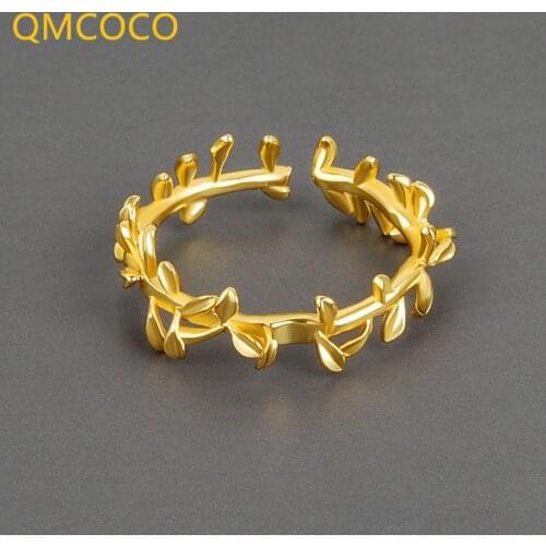 QMCOCO 925 Silver New Style Geometric Leaf Ring For Women Couple Open Adjustable Design Vintage Handmade Jewelry Gifts