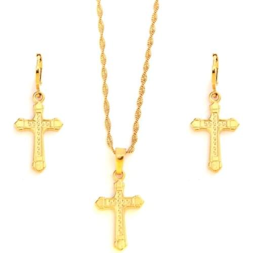 Gold plated cross Pendant Necklace chain Earrings sets Jewelry Gold Christian jewelry sets for women girl Best Jesus Gifts