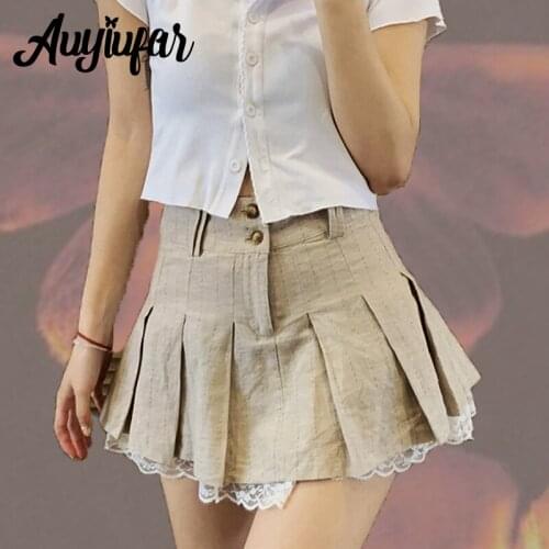 Auyiufar Grunge Fairycore Lace Double Layer Mini Skirt Button Y2K Cute Solid Pleated Skirts Elfcore Patchwork Clothes Aesthetic