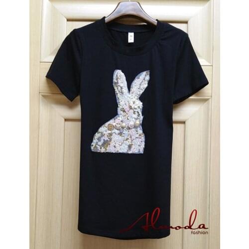 Almoda 2016 Women Heavy Work Sequined T shirts Cute Rabbit Sequines Beautiful Beaded Ladies Casual Cotton Tshirts Black White