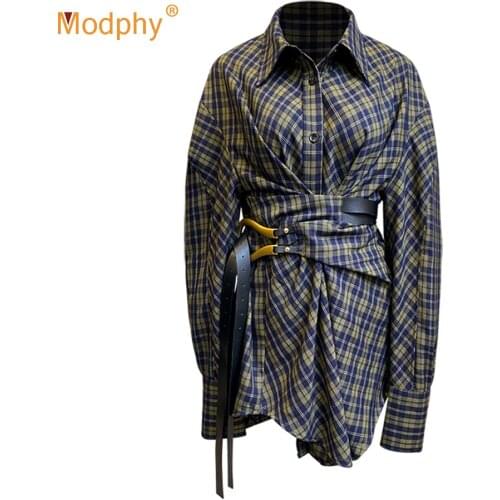 Womens Plaid Contrasting Shirt Sexy Lapel Long Sleeve Belt Pleated Casual Retro Slim Shirt 2020 Autumn Fashion New Clothing