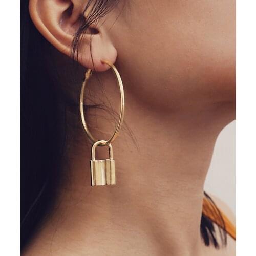 Punk Miami Cuba New High-quality Geometric Metal Big Circle Lock-shaped Pendant Jewelry Independent Aesthetics Earrings Female