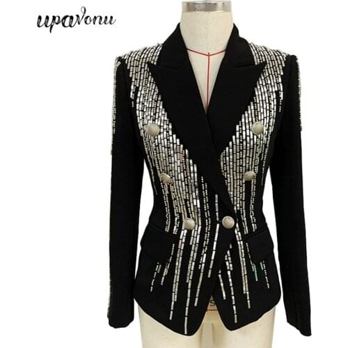 Free Shipping Streetwear Patchwork Blazer For Women Notched Long Sleeve Sequined Rivet Slim Plus Size Blazers Office Blazer