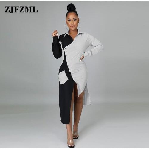 Color Block Striped Patchwork Irregular Dress Women Turn Down Collar Long Sleeve Shirt Dresses Chic Buttons Up Bodycon Vestido