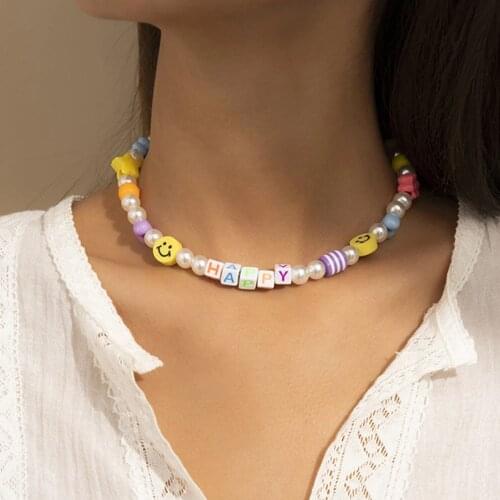 Korean Ethnic Imitation Pearl Letters Star Flower Smile Face Beads Choker Necklace For Women Sweet Girls 2021 Trendy Jewelry