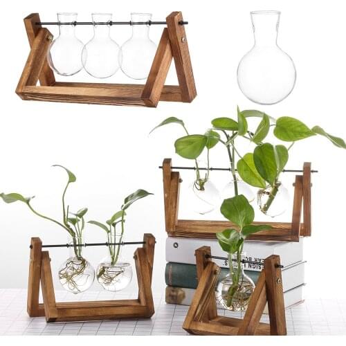 1PC Hydroponic Plant Vases Glass Vase Vintage Bonsai Flower Pot Terrarium Tabletop Tray Wooden Frame Home Decor