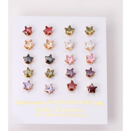 10 Pairs Star Earrings Cubic Zirconia Stainless Steel Gold Mixed Color Fashion Jewelry Wholesale Gift Girls/Women Fit Party