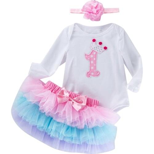 New 3Pcs Toddler Outfits, 3D Number/Heart O-Neck Long Sleeves Romper + Tutu Skirt + Headband for Girls, 0-24 Months