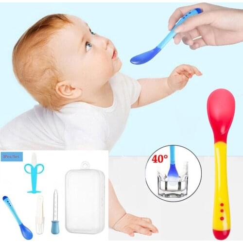 5pcs/set Baby Soft Silicone Spoon Temperature Sensing Spoon Baby Feeding Banana Baby Toothbrush Teether for Infant Baby Care Set