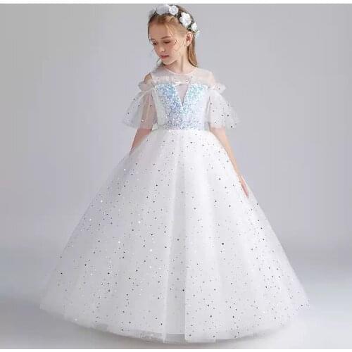 Flower Girl Dresses Illusion Short O-Neck Off The Shoulder Sequined Princess Floor-Length Tulle Lace White Kids Party Gown H512