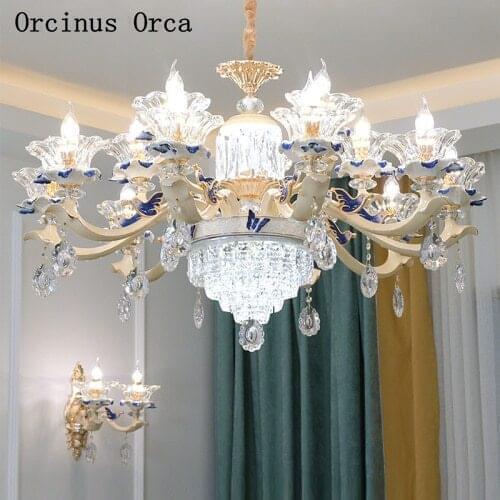 European blue painted ceramic chandelier villa living room dining room bedroom French luxury new creative Crystal Chandelier