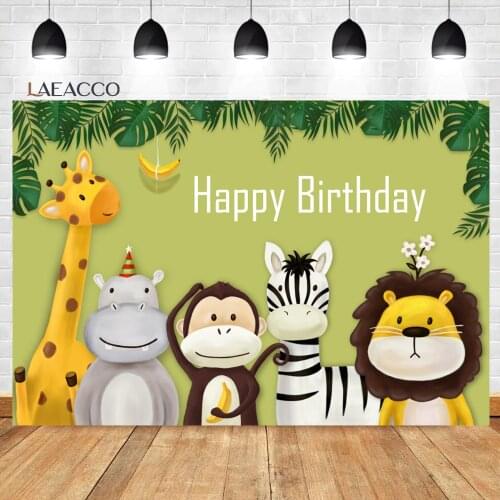 Laeacco Tropical Jungle Safari Party Cartoon Animals Background Baby Shower Birthday Customized Portrait Photography Backdrops