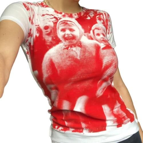 Womens Portrait Print T-Shirt, Summer Trendy Short Sleeve Round Neck Slim Fitted Tops
