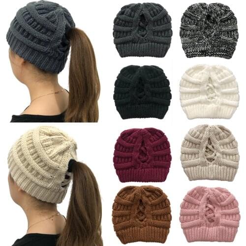HanXi Knitted Ponytail Beanie Hats for Women Striped Cross Criss Skullie Girls Warm Ski Cap