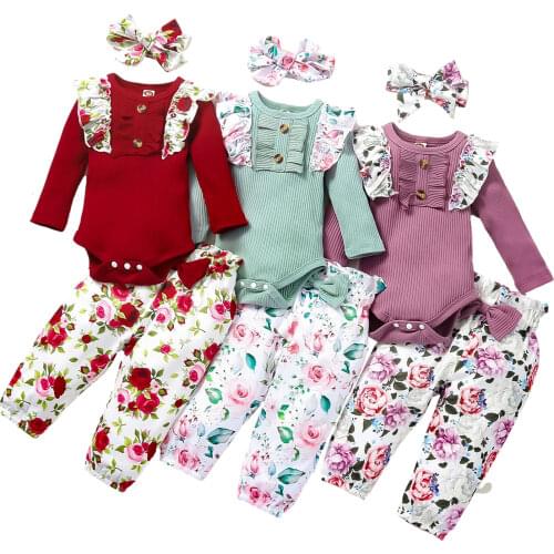 3Pcs Baby Girls Outfit, Sweet Style Long Sleeve Round Collar Splicing Romper + Floral Printing Long Trousers + Headwear Set