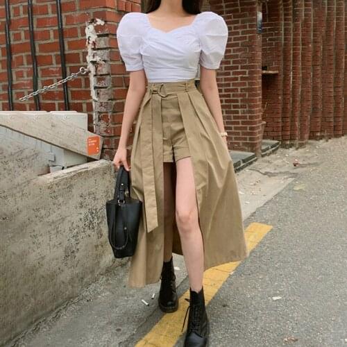 Puff Sleeve Summer White Tops + High Waist Khaki Mini Skirts Set Two Piece Set Office Elegant Tracksuit with Belt Vintage B989