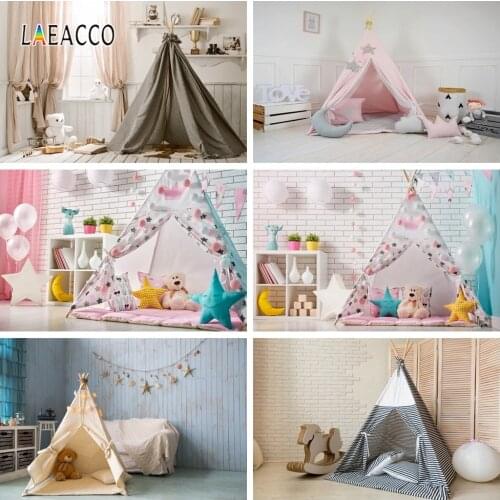 Laeacco White Brick Wall Curtain Tent Balloons Toys Photography Backdrops Baby Portrait Photo Backgrounds Birthday Photophone