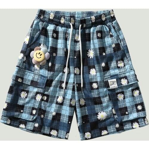 Mens Casual Sports Shorts Daisy Printed Drawstring Plaid Pants Male 2021 Streetwear Hip Hop Oversize Multi-pocket Cargo Shorts