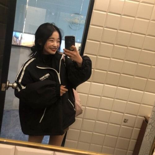 2020 New Girl Retro College Style Loose Casual Wind Side Strip Sports Windbreaker Jacket Autumn