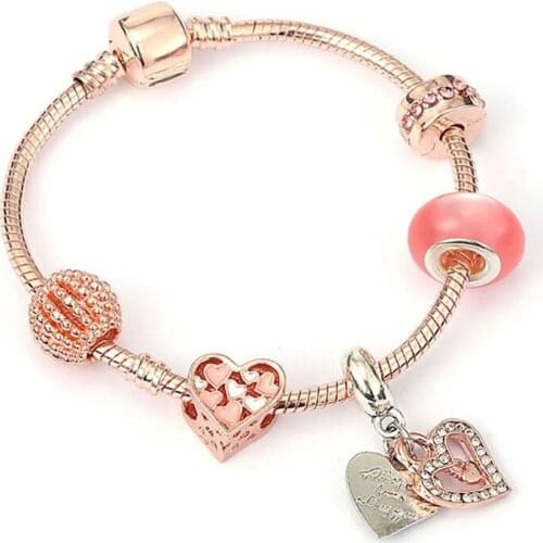 New Design Rose Gold Color Crystal Double Heart Charm Beads Fit Fashion Brand For Women Valentines Day Jewelry Gift