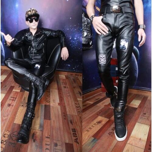 Autumn korean personality fashion motorcycle faux leather pants mens feet pants patch tight trousers for men pantalon homme