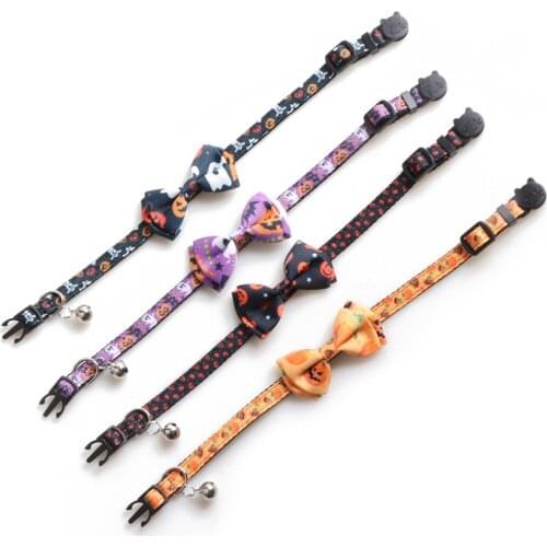 Halloween Dog Collars Adjustable Pumpkin Ghost Dog Collars With Bow Tie And Bells For Pets