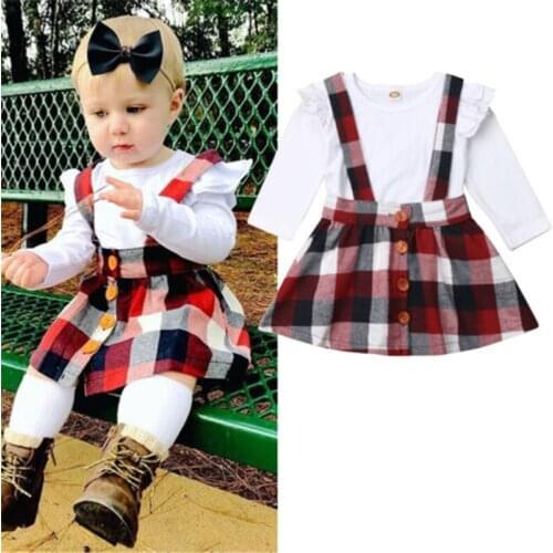1-5 Years Baby Kids 2pcs Outfits Long Sleeve White T-Shirt Tops Red Black Plaids Skirts Overalls Baby Girls Clothes Set