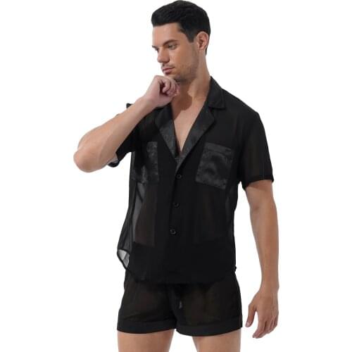 Pajama Suit Satin Chiffon Pajamas Sets See-through Patchwork Sissy Nightwear Sleepwear Lapel Short Sleeve Button Tops with Short