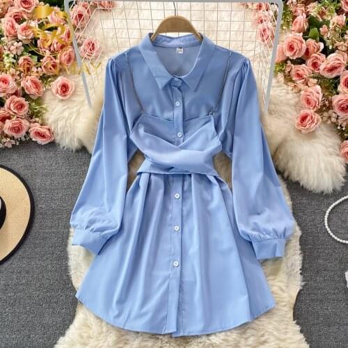 New Fashion LongSleeve Shirt Dress Design Female Feeling Small False Two Condole Belt Waist Hubble-bubble Sleeve Short Dress
