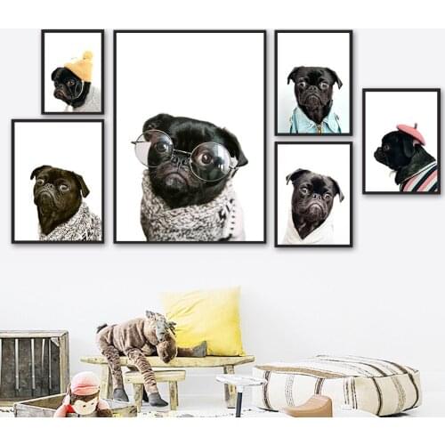 Lovely French Bulldog Glasses Hat Scarf Wall Art Canvas Painting Nordic Posters And Prints Wall Pictures For Living Room Decor