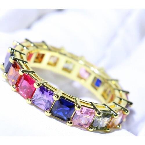 Drop Shipping Shinning Luxury Jewelry 925 Sterling Silver&Gold Fill Princess Cut Multi Color 5A CZ Eternity Ring for Women Gift