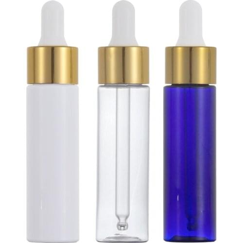 30ml Empty Blue/Clear Plastic Essential Oil Dropper Bottle Gold Ring White Top Cosmetic Packaging Refillable Container 50pieces