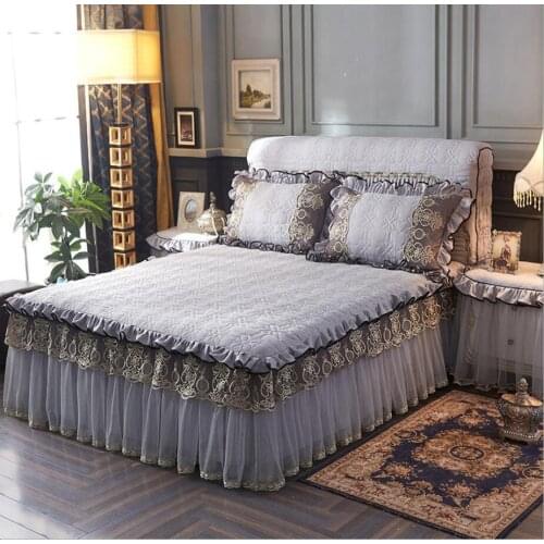 Soft Thick Quilted Lace Bedding Bed Skirt 1/3pcs Bedspread Bed Linen Pillowcase Princess Bedclothes Bed Cover King Queen Size