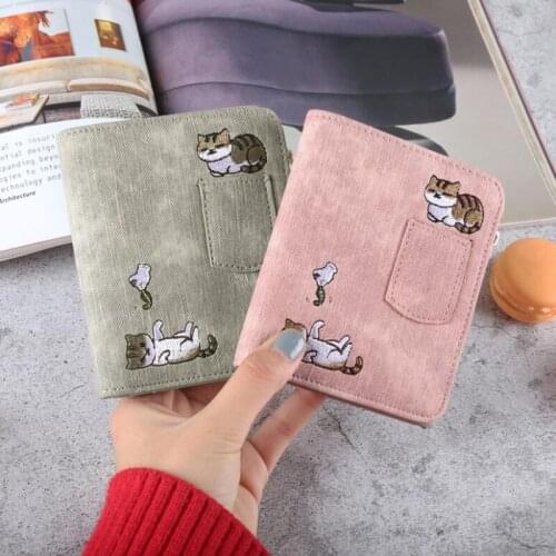Cute Cartoon Cat Embroidery Purse Card Cash Holder Women PU Leather Short Wallet