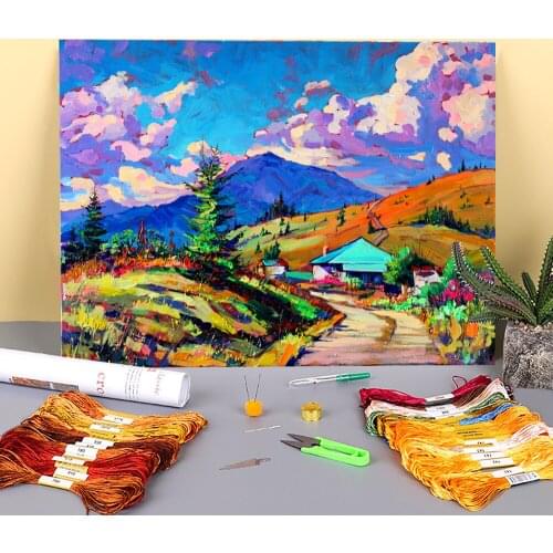 Landscape August Printed Fabric 11CT Cross Stitch Patterns Embroidery DMC Threads Sewing Handiwork Handicraft Craft Decor