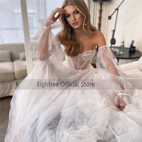Eightree Shiny Puff Sleeve Wedding Dresses 2021 Robe de Mariage Glitter Tulle Bodice Wedding Gowns Vintage Boho Bride Dress