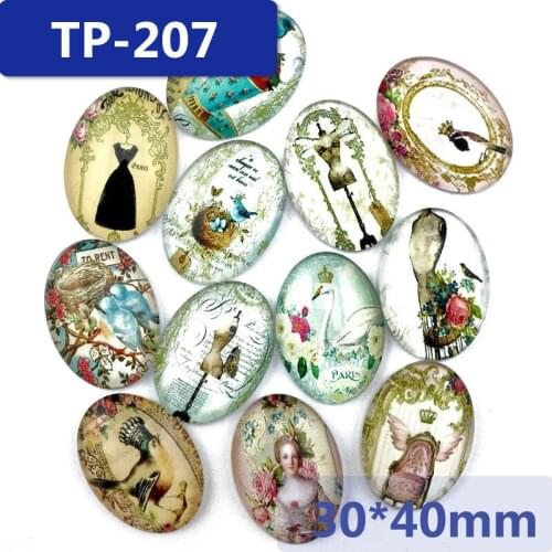 ZEROUP 30*40mm oval glass cabochon pictures mixed pattern fit base setting for jewelry embellishment flatback 10pcs/lot