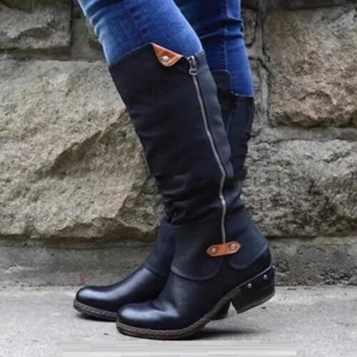 2021 Western Black KneeHigh Boots For Women Winter Pointed Toe Cowboy Boots Chunky Long Boots Runway Ladies Motorcycle Boots