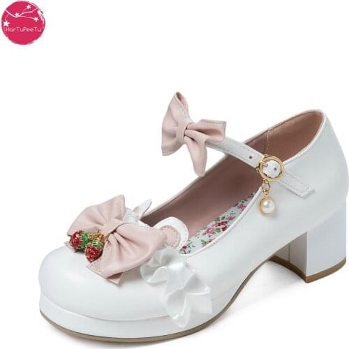Womens Mary Jane Chunky Heel Closed Toe Platform Pumps with Strawberry Contrast Bows Sweet Lolita Cosplay Wedding Shoes 2021