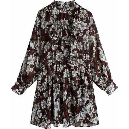 Evfer Autumn Fashion Ladies Flower Print Cascading Ruffles Pleated Mini Dresses Women Elegant Turtleneck Za Short Dress Chic