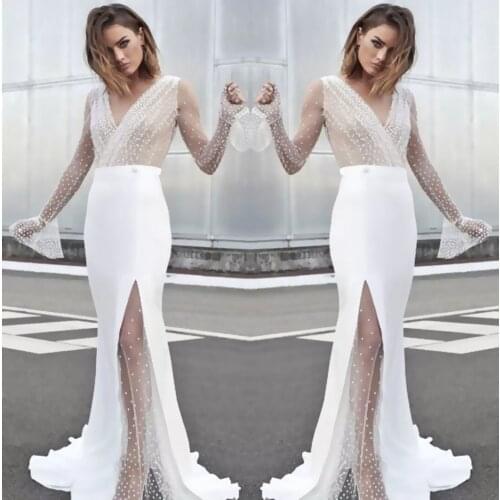2020 Sexy V-neck See-through Dresses Women Harajuku Long Party Wedding Trumpet / Mermaid Lace Floor-Length
