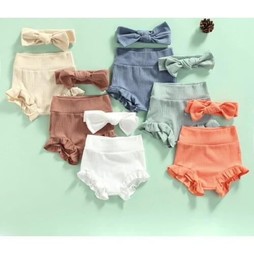 2Pcs Baby Girls Outfit, Toddlers Summer Sweet Style Solid Color High Waist Elastic Lace Shorts + Bow Headwear Set