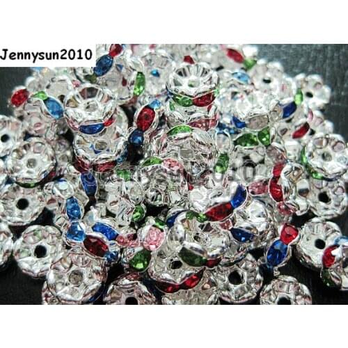 200pcs/lot 8mm Top Quality Czech Multi Color Crystal Rhinestone Pave Wavy Rondelle Metal Sliver Plated Spacer Loose Beads