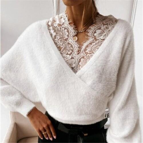 2021 Autumn Sexy Slim Women Blouse Shirt Elegant Office Lady Ruffle Lace Splice Loose Pullover Tops Backless Long Sleeve Blusas