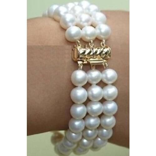 3 row Charming white AAA south sea pearl bracelet 7-8inch 8-9mm jewerly