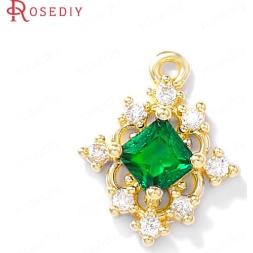 38680)4PCS 10x13MM 24K Gold Color Brass and Zircon Rhombus Charms Pendants High Quality Jewelry Making Supplies Diy Accessories