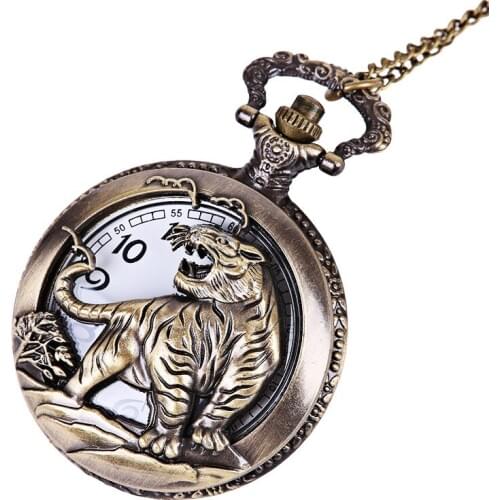 50pcs/lot Retro Bronze Tiger Quartz Pocket Watches Men Women Flip Watches Pendant Wholesale