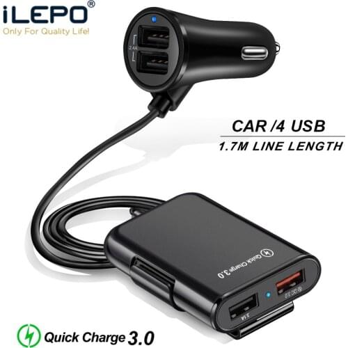 4 Port USB Car Charger Quick Charge QC3.0 5.6ft Extension Cable For iPhone 12 Xiaomi Mobile Phone Driving Recorder Fast Charging