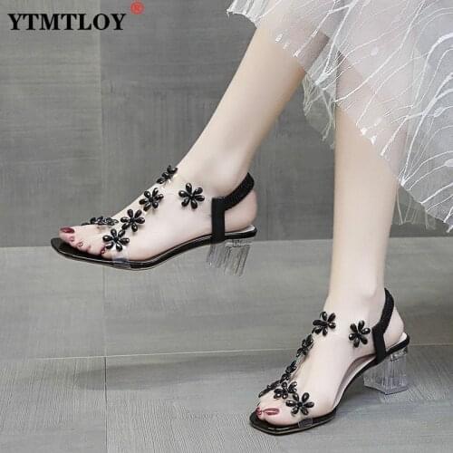 Fashion Womens Shoes 2021 Clear Heels Beige Heeled Sandals All-Match Luxury Comfort New Black Block Rhinestone Summer High Plast