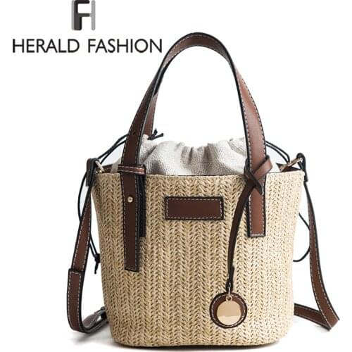 Herald Fashion Female Bucket Cylindrical Straw Bags Summer Beach Bags Wheat-straw Woven Women Crossbody Bags Shoulder Tote Bag